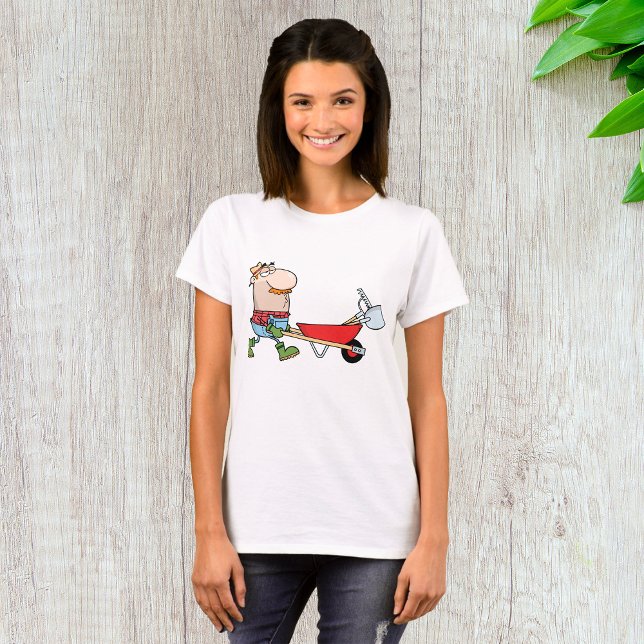 Camiseta Cartoon Farmer com Wheelbarrow e Ferramentas (Criador carregado)