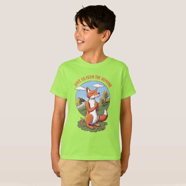Camiseta Cartoon Fox Prayer – Save Nature Message (Frente Completa)
