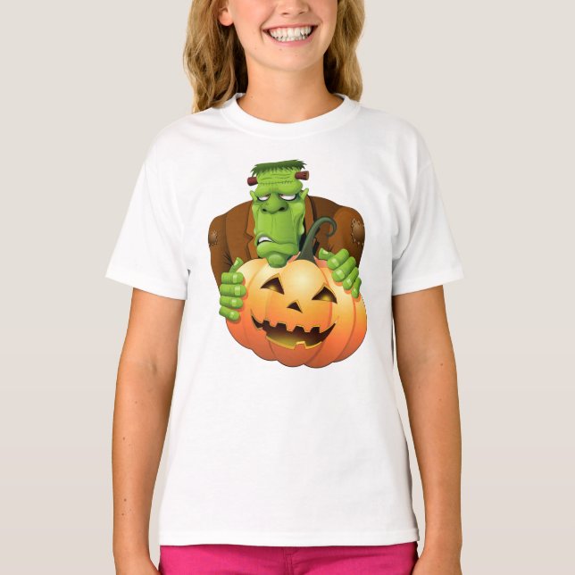 Camiseta Cartoon Frankenstein Monster com Pumpkin (Frente)