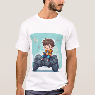 Camiseta Cartoon Gamer Kid Sentado no Controle PlayStation