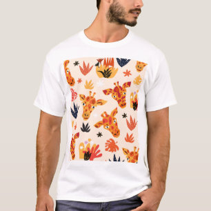 Camiseta Cartoon Girafa: Padrão Floral de Savana