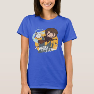 Camiseta Cartoon Harry e Hedwig voando no passado Hogwarts