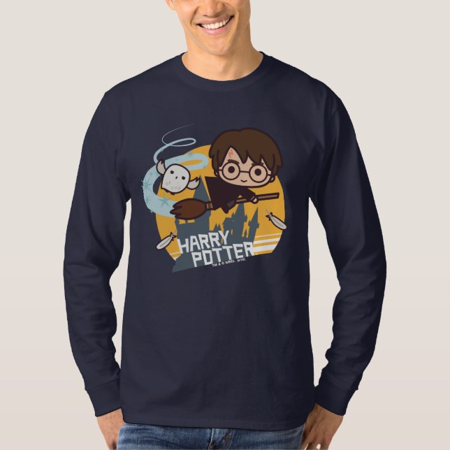 Camiseta Cartoon Harry e Hedwig voando no passado Hogwarts (Frente)