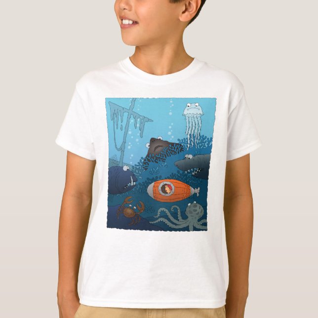 Camiseta Cartoon Kid em Submarino explora o Mundo Submarino (Frente)