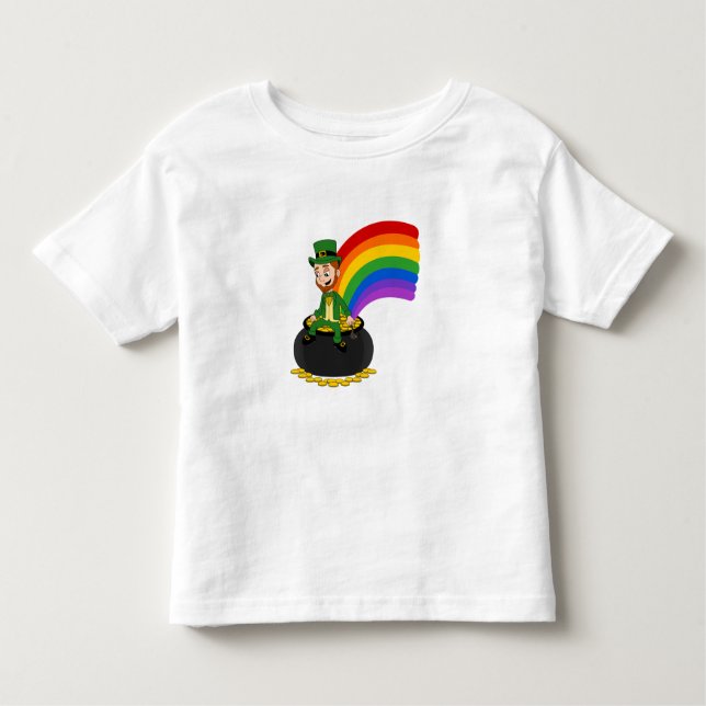 Camiseta Cartoon leprechaun sentado sobre um pote de ouro (Frente)