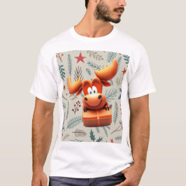 Camiseta Cartoon Moose com Presente no Padrão de Natal