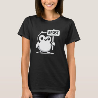 Camiseta Cartoon Penguin Holding Sinal RESIST - B & W