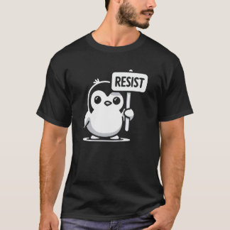 Camiseta Cartoon Penguin Holding Sinal RESIST - B & W