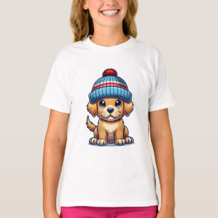 Camiseta Cartoon Puppy Vestindo Beanie Hat