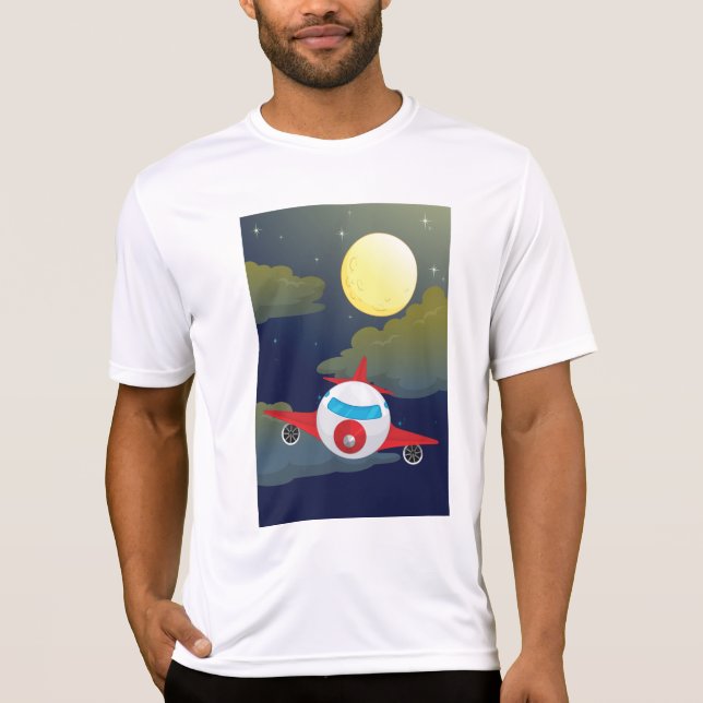 Camiseta Cartoon Red Airplane Flying In Night Sky (Frente)