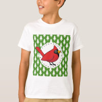 Cartoon Red Cardinal sobre Pinheiros Brancos Verde