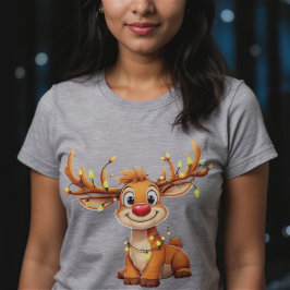 Camiseta Cartoon reindeer with red nose and lights