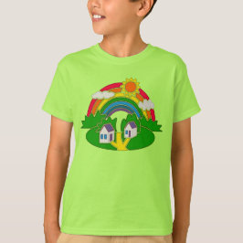 Camiseta Cartoon rural com arco-íris e casa de campo