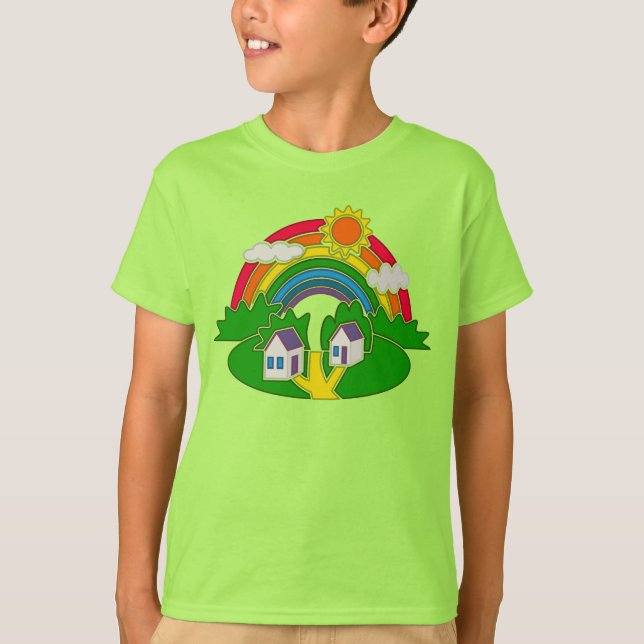 Camiseta Cartoon rural com arco-íris e casa de campo (Frente)