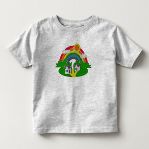 Camiseta Cartoon rural com arco-íris e casa de campo
