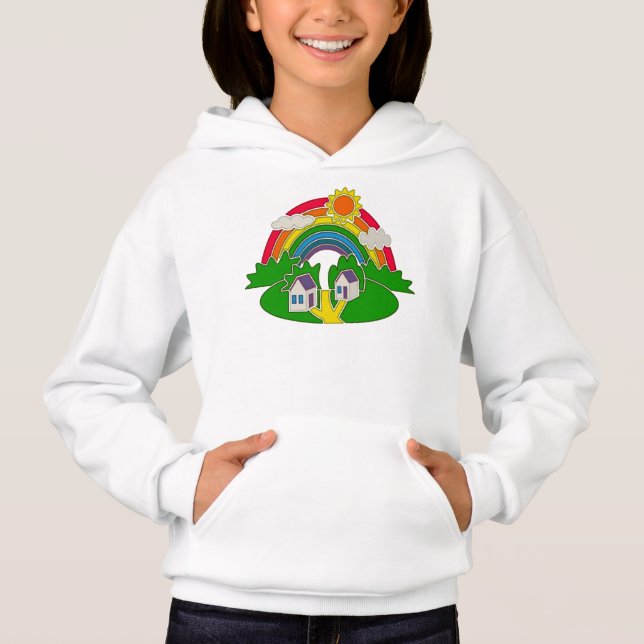 Camiseta Cartoon rural com arco-íris e casa de campo (Frente)
