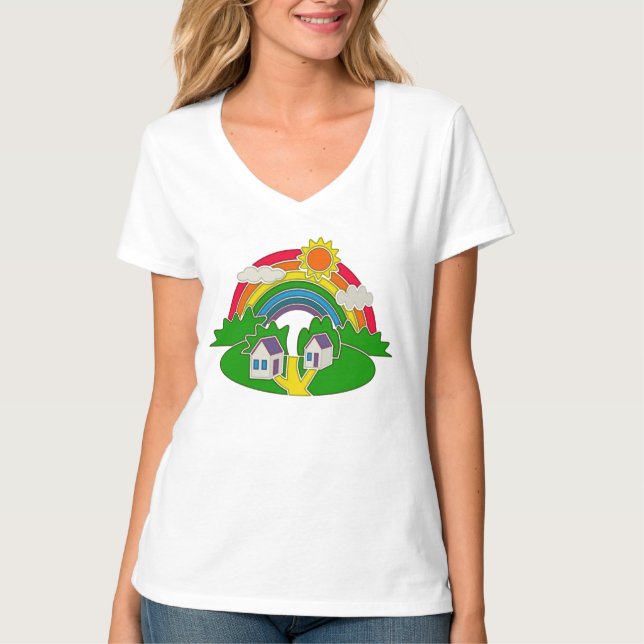 Camiseta Cartoon rural com arco-íris e casa de campo (Frente)