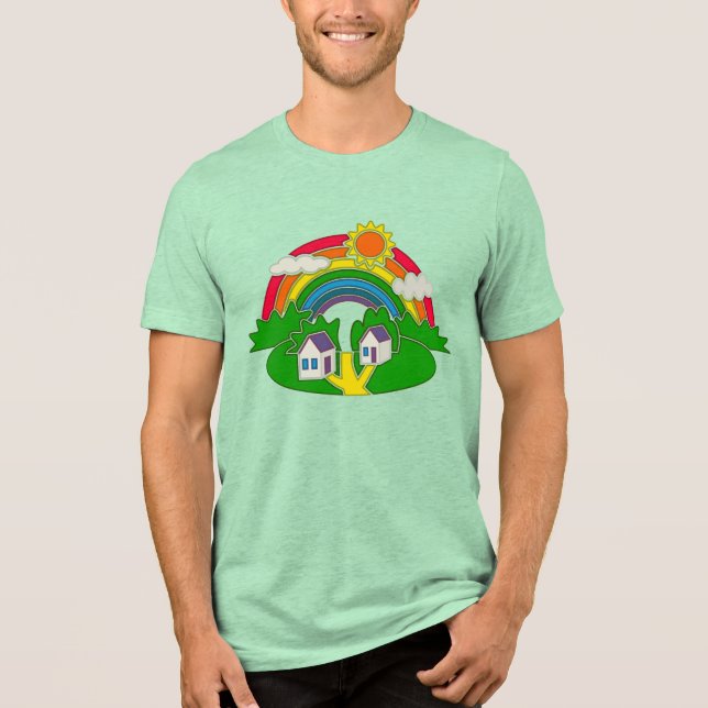 Camiseta Cartoon rural com arco-íris e casa de campo (Frente)