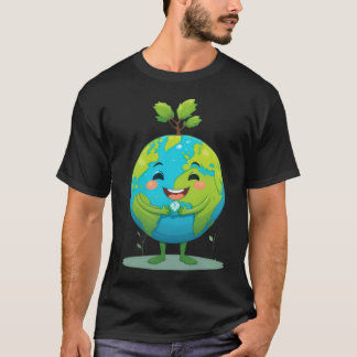 Camiseta Cartoon Sorrindo da Terra com Planta Crescendo em