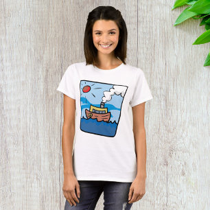 Camiseta Cartoon Steamship no Oceano Ondas Arte Náutica