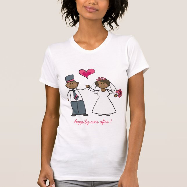 Camiseta Cartoon Wedding Casal Bride & Groom Fuchsia Heart (Frente)