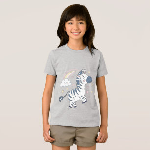 Camiseta Cartoon Zebra Adorável com Arco-Íris e Estrelas  