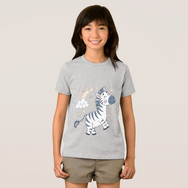 Camiseta Cartoon Zebra Adorável com Arco-Íris e Estrelas | (Frente Completa)