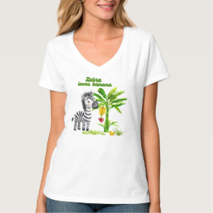 Camiseta Cartoon zebra ao lado de uma banana-árvore Relaxe