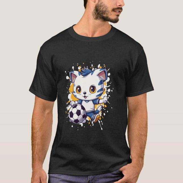 Camiseta Cartum de Gato Jogando Futebol (Frente)