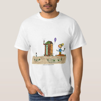 Camiseta Cartum olha para o balão do banheiro