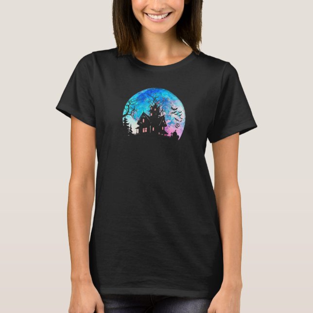 Camiseta Casa Assombrada Assustadora & Lua Cheia em Aquarel (Frente)