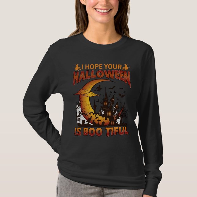 Camiseta Casa Assombrada Boo Tiful de Halloween Lua Crescen (Frente)