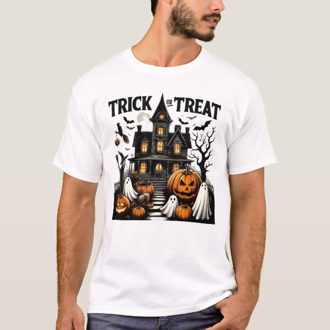 Camiseta Casa assombrada com abóboras e fantasmas! (Frente)