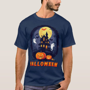 Camiseta Casa Assombrada com Abóboras, Fantasmas e Lua Chei