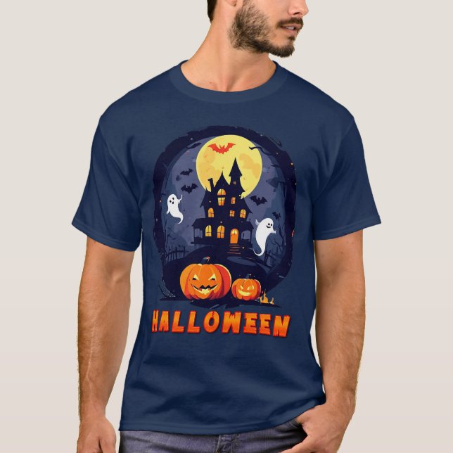 Camiseta Casa Assombrada com Abóboras, Fantasmas e Lua Chei (Frente)