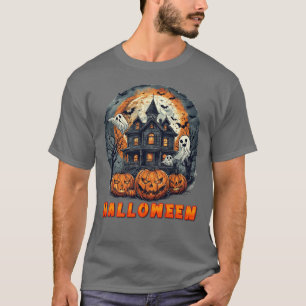 Camiseta Casa Assombrada com Abóboras, Fantasmas e Lua Chei