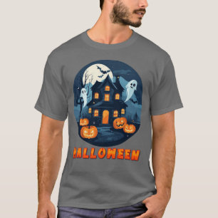 Camiseta Casa Assombrada com Abóboras, Fantasmas e Lua Chei