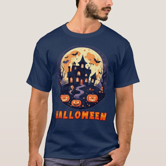 Camiseta Casa Assombrada com Abóboras, Fantasmas e Lua Chei (Frente)