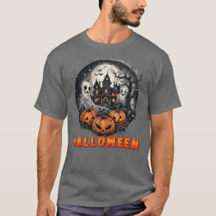 Camiseta Casa Assombrada com Abóboras, Fantasmas e Lua Chei