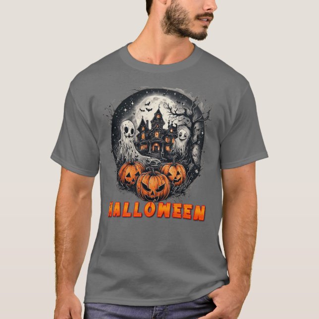 Camiseta Casa Assombrada com Abóboras, Fantasmas e Lua Chei (Frente)