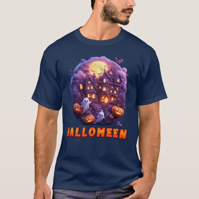 Camiseta Casa Assombrada com Abóboras, Fantasmas e Lua Chei (Frente)