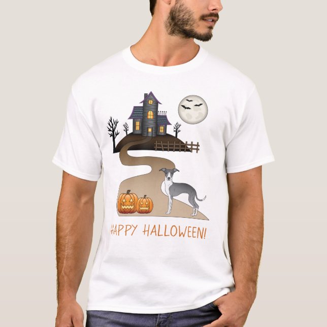 Camiseta Casa Assombrada De Azul E Branco E Halloween (Frente)