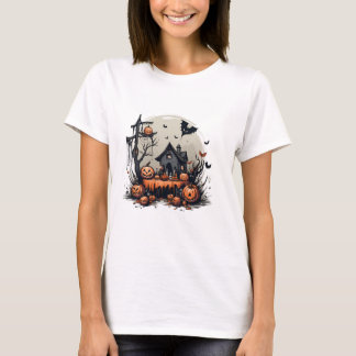 Camiseta Casa Assombrada de Halloween Assustadora com Abóbo