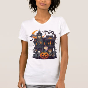 Camiseta Casa Assombrada de Halloween Esqueletos Abóbora Fa