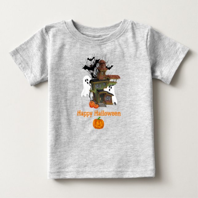 Camiseta Casa Assombrada de Halloween Fantasma e Abóboras B (Frente)
