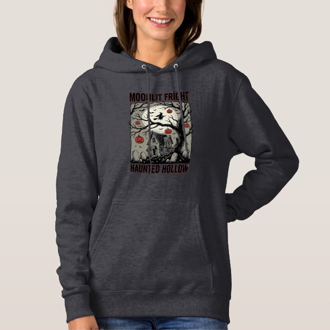 Camiseta Casa Assombrada de Halloween Gravura Antiga Lua Sh (Frente)