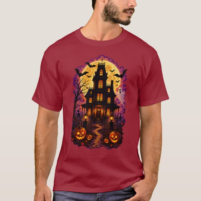 Camiseta Casa Assombrada de Halloween Noite Assustadora Lua (Frente)