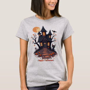 Camiseta Casa Assombrada e Noite de Halloween de Gato Negro