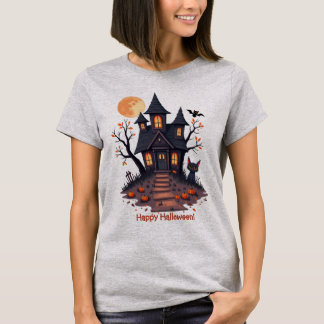 Camiseta Casa Assombrada e Noite de Halloween de Gato Negro