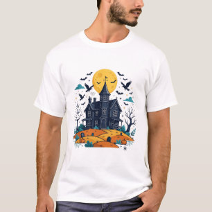 Camiseta Casa Assombrada Lua Cheia Morcegos Halloween Sinis